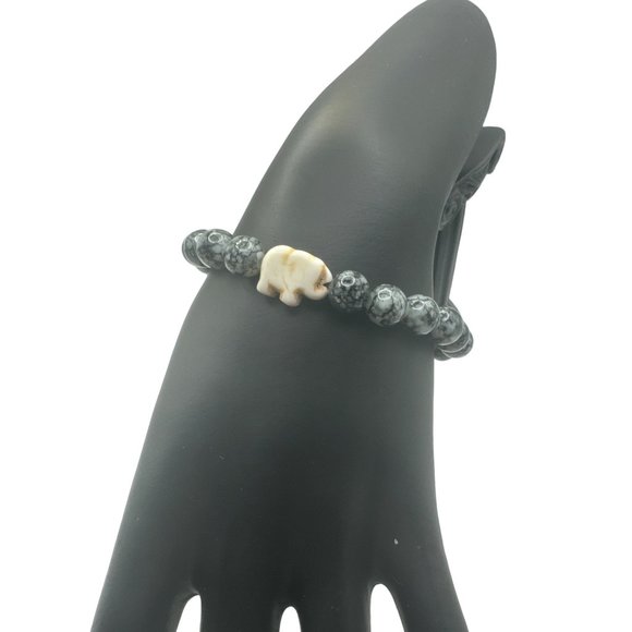 Carved Stone Elephant Charm on a Beaded Stone Stretch Bracelet - Picture 2 of 4